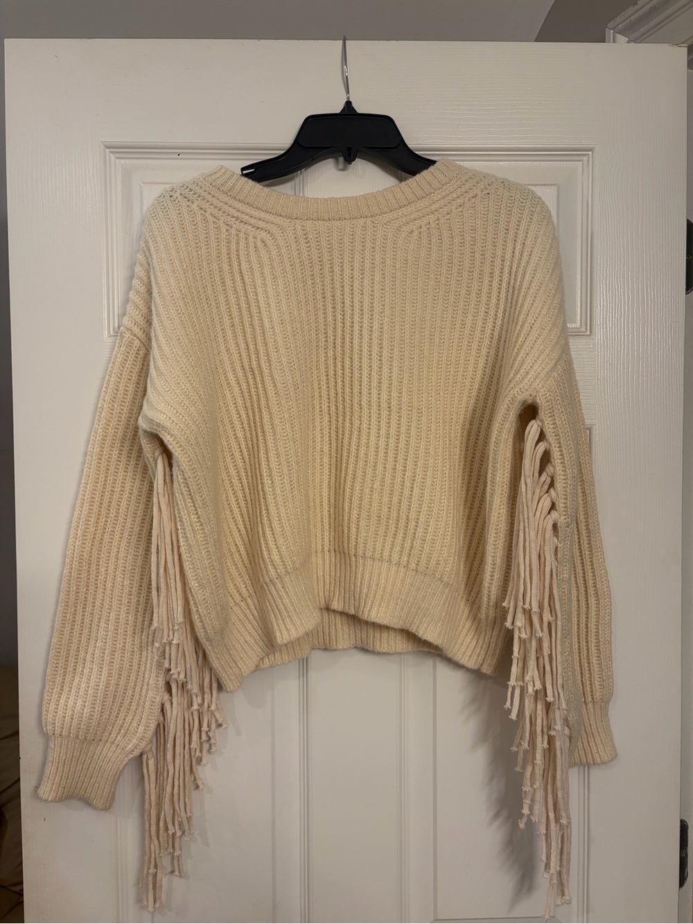 Amare’s State Fringed Rib-Knit Cream Sweater
